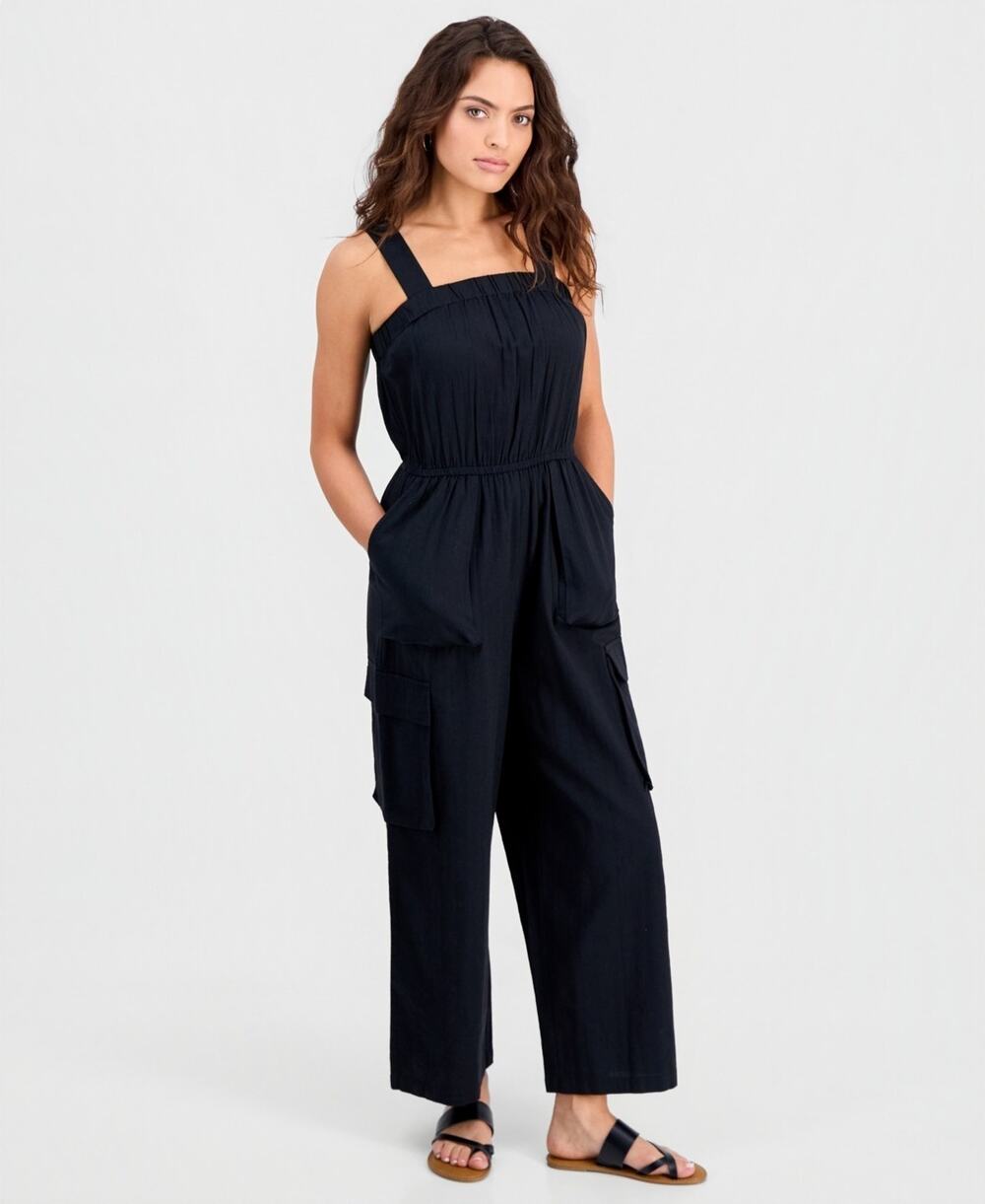 And Now This Petite Cotton Cargo Jumpsuit Black Size PL 3752